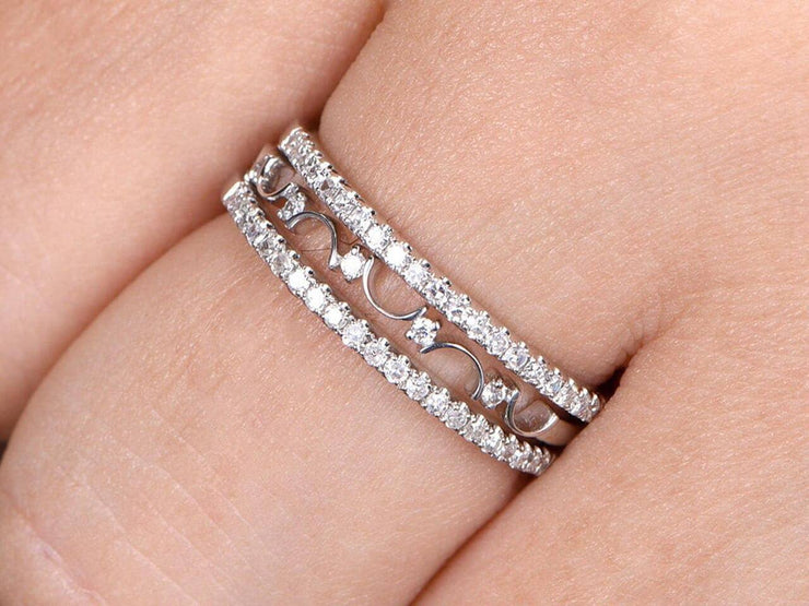 1.50 Carat 3 wedding Ring set Wedding Band Stackable Ring set Solid 10k White Gold Anniversary Ring Bridal Ring