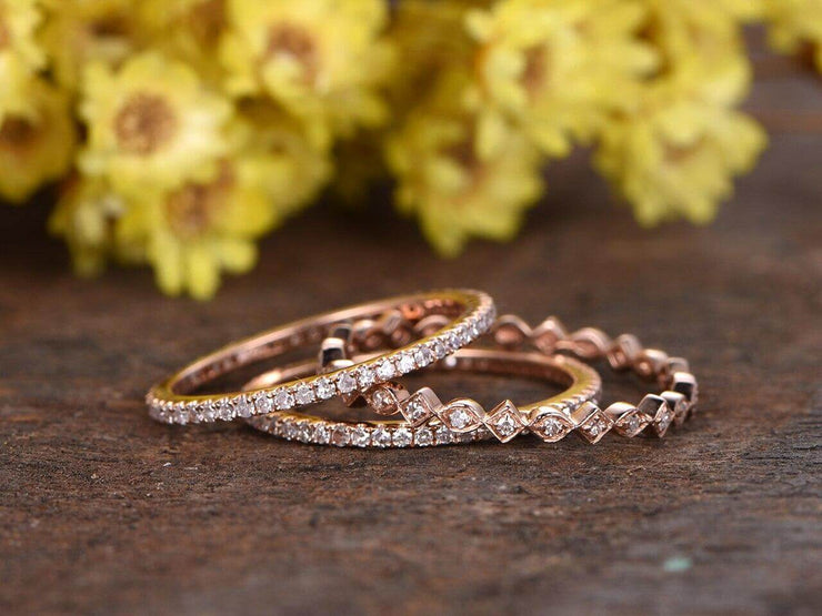 1.50 Carat 3 wedding Ring set Wedding Band Stackable Ring set Solid 10k Rose Gold