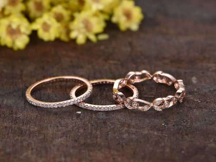 1.50 Carat 3 wedding Ring set Wedding Band Stackable Ring set Vintage Flower