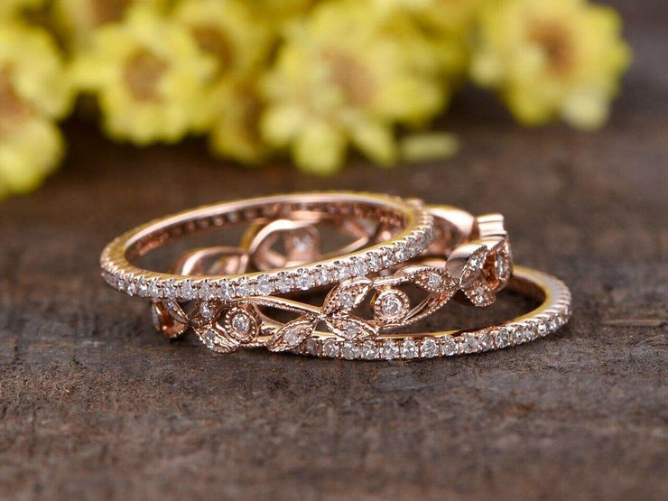 1.50 Carat 3 wedding Ring set Wedding Band Stackable Ring set Vintage Flower