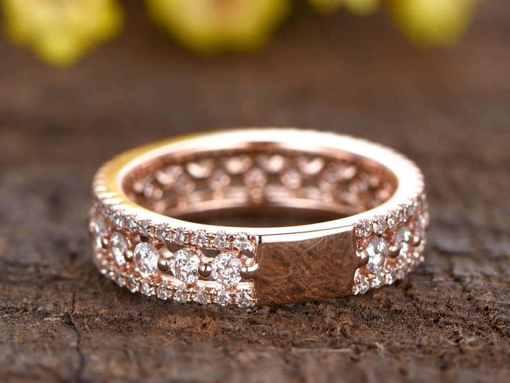 0.75 Carat Full eternity diamond wedding band Three row diamond engagement ring Solid 10k Rose Gold Stacking wedding band