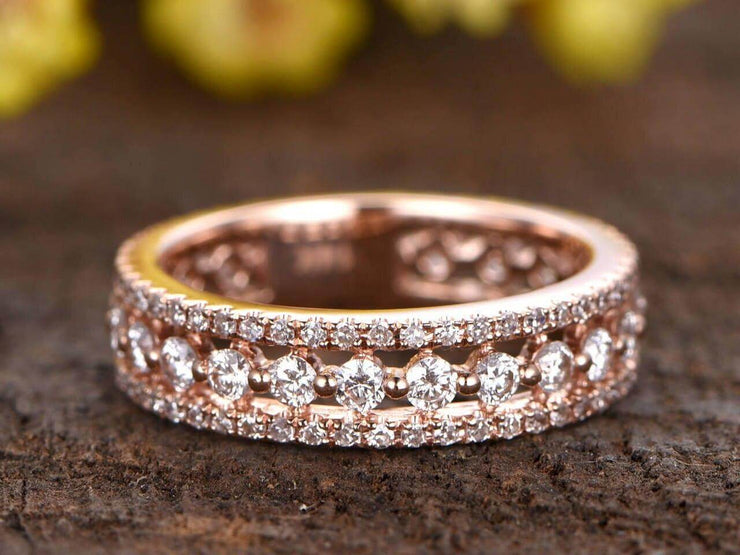 0.75 Carat Full eternity diamond wedding band Three row diamond engagement ring Stacking wedding band