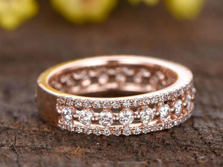 0.75 Carat Full eternity diamond wedding band Three row diamond engagement ring Solid 10k Rose Gold Stacking wedding band