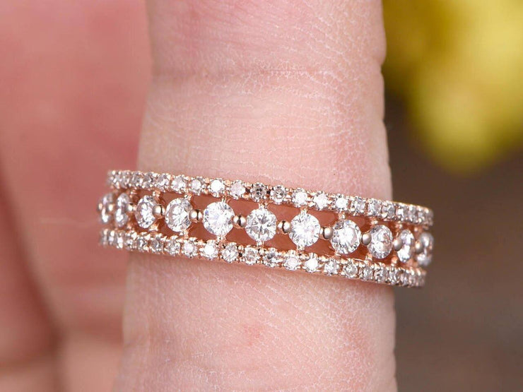 0.75 Carat Full eternity diamond wedding band Three row diamond engagement ring Solid 10k Rose Gold Stacking wedding band