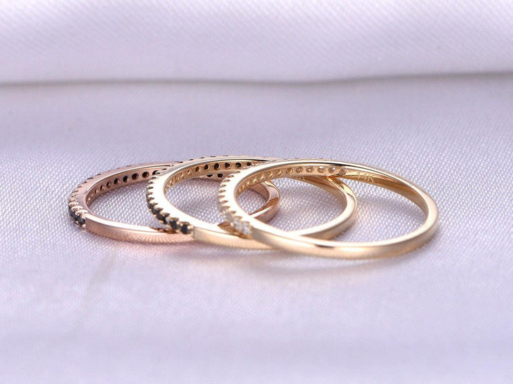 1.00 Carat 3 Wedding rings set Black and White diamonds wedding ring Solid 10k Rose gold