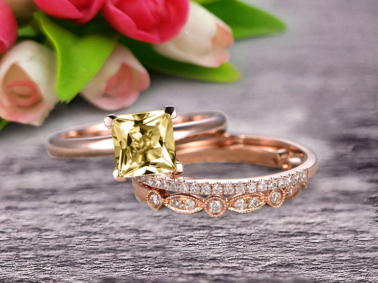 Trio Set 1.50 Carat Princess Cut Champagne Diamond Moissanite Wedding Set Engagement Ring Anniversary Ring On 10k Rose Gold Art Deco With Matching Band Shining Startling Ring