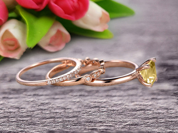 Trio Set 1.50 Carat Princess Cut Champagne Diamond Moissanite Wedding Set Engagement Ring Anniversary Ring On 10k Rose Gold Art Deco With Matching Band Shining Startling Ring