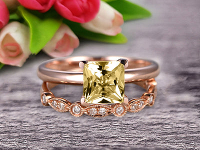 Bridal Set 1.25 Carat Princess Cut Champagne Diamond Moissanite Solitaire Engagement Ring With Matching Wedding Band On 10k Rose Gold Art Deco Shining Startling Ring