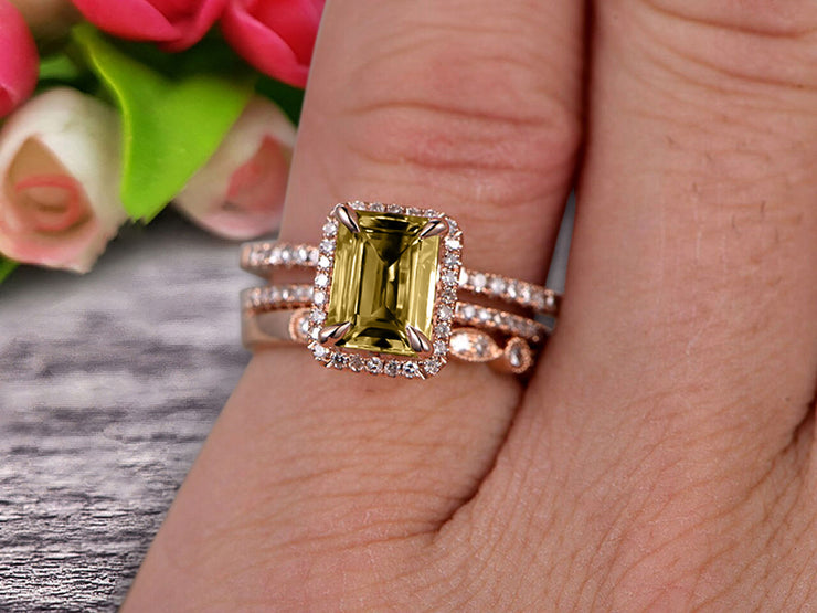 Milgrain 2 Carat Emerald Cut Champagne Diamond Moissanite Wedding Set Engagement Ring 10k Rose Gold Art Deco Two Matching Band Anniversary Gift Glaring Staggering Ring