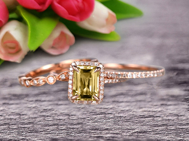 Milgrain 2 Carat Emerald Cut Champagne Diamond Moissanite Wedding Set Engagement Ring 10k Rose Gold Art Deco Two Matching Band Anniversary Gift Glaring Staggering Ring