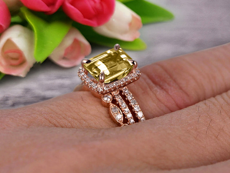 Milgrain 2 Carat Emerald Cut Champagne Diamond Moissanite Wedding Set Engagement Ring 10k Rose Gold Art Deco Two Matching Band Anniversary Gift Glaring Staggering Ring