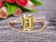 Bridal Ring 1.50 Carat Emerald Cut Champagne Diamond Moissanite Wedding Set Engagement Ring On 10k Rose Gold Anniversary Gift Glaring Staggering Ring