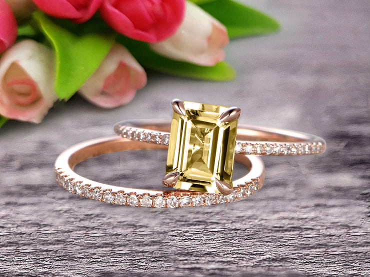 Bridal Ring 1.50 Carat Emerald Cut Champagne Diamond Moissanite Wedding Set Engagement Ring On 10k Rose Gold Anniversary Gift Glaring Staggering Ring