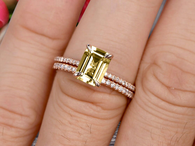 Bridal Ring 1.50 Carat Emerald Cut Champagne Diamond Moissanite Wedding Set Engagement Ring On 10k Rose Gold Anniversary Gift Glaring Staggering Ring