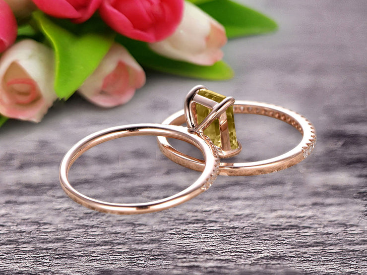 Bridal Ring 1.50 Carat Emerald Cut Champagne Diamond Moissanite Wedding Set Engagement Ring On 10k Rose Gold Anniversary Gift Glaring Staggering Ring