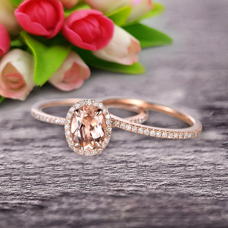 Bridal Set Oval Cut Gemstone 1.75 Carat  Morganite Engagement Ring Wedding Ring On 10k Rose Gold Anniversary Gift Glaring Staggering Ring