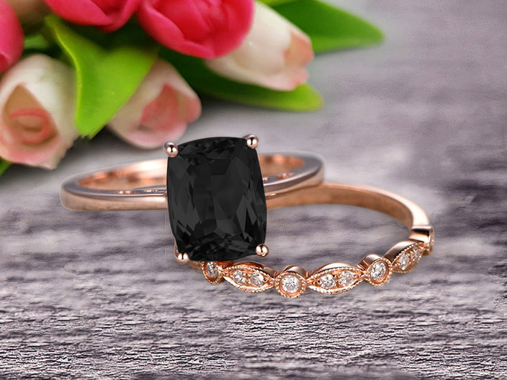 1.25 Carat Cushion Cut Black Diamond Moissanite Solitaire Engagement Ring With Matching Band On 10k Rose Gold Art Deco Shining Startling Ring Anniversary Gift