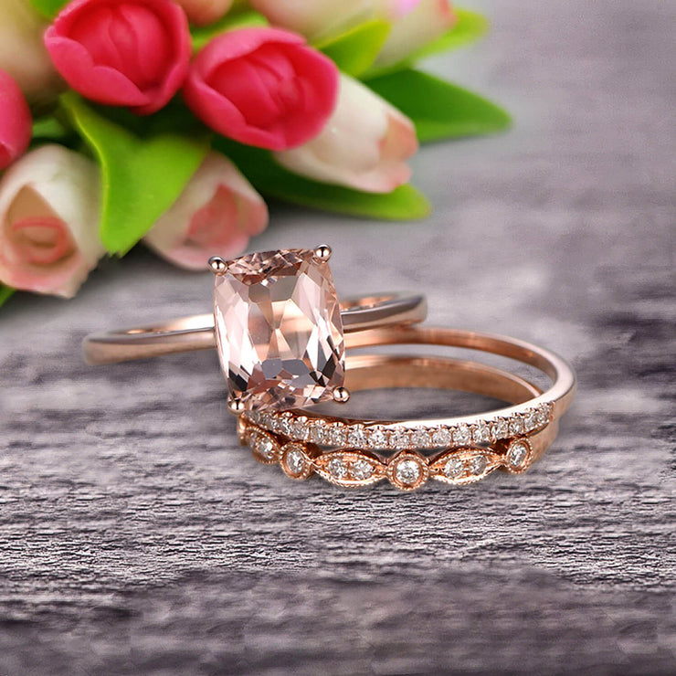 Trio Set Art Deco 1.50 Carat Cushion Cut Morganite Engagement Ring Wedding Set On 10k Rose Gold Shining Startling Ring Anniversary Gift