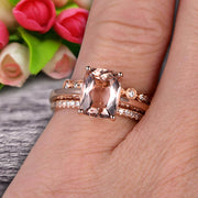 Trio Set Art Deco 1.50 Carat Cushion Cut Morganite Engagement Ring Wedding Set On 10k Rose Gold Shining Startling Ring Anniversary Gift