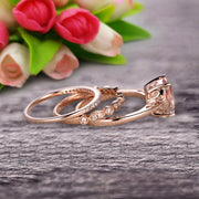 Trio Set Art Deco 1.50 Carat Cushion Cut Morganite Engagement Ring Wedding Set On 10k Rose Gold Shining Startling Ring Anniversary Gift