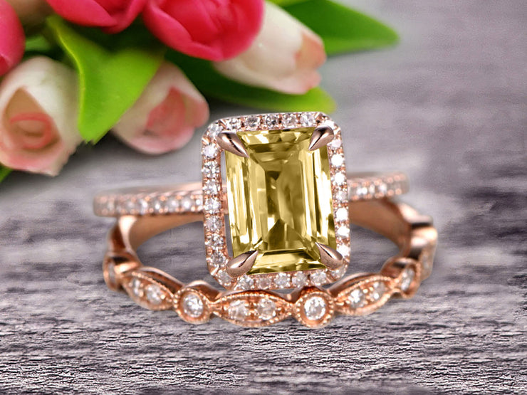 Milgrain Art Deco 1.75 Carat Emerald Cut Champagne Diamond Moissanite Wedding Set Engagement Ring Anniversary 10k Rose Gold Claw Prongs Eternity Matching Band