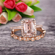 Milgrain Art Deco 1.75 Carat Emerald Cut Morganite Wedding Set Engagement Ring Anniversary 10k Rose Gold Claw Prongs Eternity Matching Band