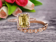 Milgrain Art Deco 1.75 Carat Emerald Cut Champagne Diamond Moissanite Wedding Set Engagement Ring Anniversary 10k Rose Gold Claw Prongs Eternity Matching Band