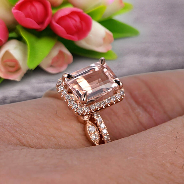 Milgrain Art Deco 1.75 Carat Emerald Cut Morganite Wedding Set Engagement Ring Anniversary 10k Rose Gold Claw Prongs Eternity Matching Band