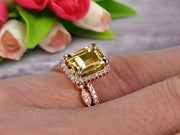 Milgrain Art Deco 1.75 Carat Emerald Cut Champagne Diamond Moissanite Wedding Set Engagement Ring Anniversary 10k Rose Gold Claw Prongs Eternity Matching Band