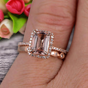 Milgrain Art Deco 1.75 Carat Emerald Cut Morganite Wedding Set Engagement Ring Anniversary 10k Rose Gold Claw Prongs Eternity Matching Band