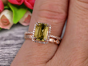 Milgrain Art Deco 1.75 Carat Emerald Cut Champagne Diamond Moissanite Wedding Set Engagement Ring Anniversary 10k Rose Gold Claw Prongs Eternity Matching Band