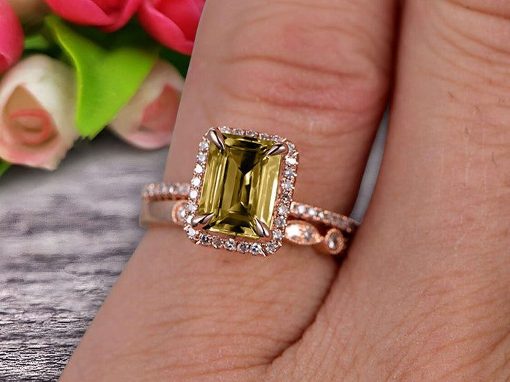 Milgrain Art Deco 1.75 Carat Emerald Cut Champagne Diamond Moissanite Wedding Set Engagement Ring Anniversary 10k Rose Gold Claw Prongs Eternity Matching Band