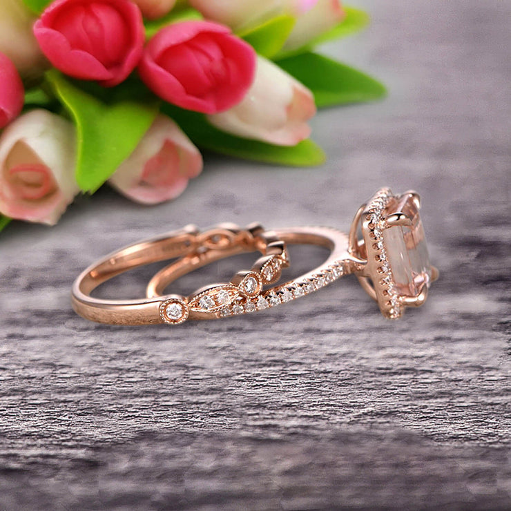 Milgrain Art Deco 1.75 Carat Emerald Cut Morganite Wedding Set Engagement Ring Anniversary 10k Rose Gold Claw Prongs Eternity Matching Band