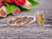 Milgrain Art Deco 1.75 Carat Emerald Cut Champagne Diamond Moissanite Wedding Set Engagement Ring Anniversary 10k Rose Gold Claw Prongs Eternity Matching Band