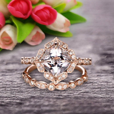 Milgrain Cushion Cut Morganite Wedding Set Bridal Set Engagement Ring 10k Rose Gold Vintage Look Glaring Staggering Ring