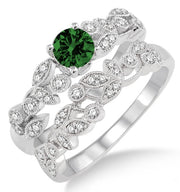 1.25 Carat Emerald Antique Flower Bridal Set on 10k White Gold