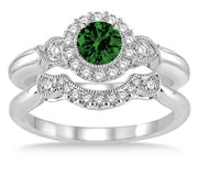 1.25 Carat Emerald Antique Three Stone Flower Halo Bridal Set on 10k White Gold