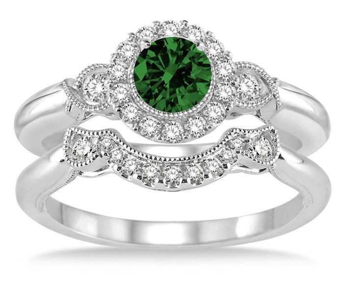 1.25 Carat Emerald Antique Three Stone Flower Halo Bridal Set on 10k White Gold