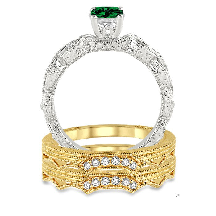 1.25 Carat Emerald Vintage Trio Bridal Set Engagement Ring on 10k White Gold