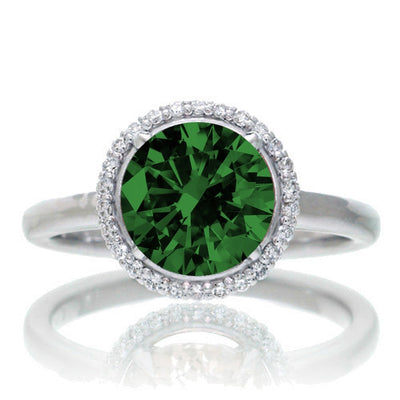 1.25 Carat Round Cut Classic Halo Emerald and Moissanite Diamond Engagement Ring on 10k White Gold