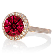 1.25 Carat Round Halo Classic Moissanite Diamond and Ruby Engagement Ring on 10 Rose Gold