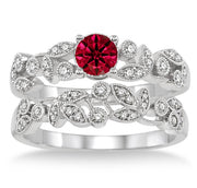 1.25 Carat Ruby Antique Flower Bridal Set on 10k White Gold