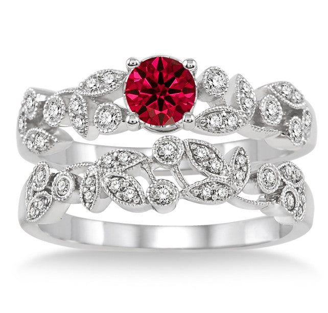 1.25 Carat Ruby Antique Flower Bridal Set on 10k White Gold