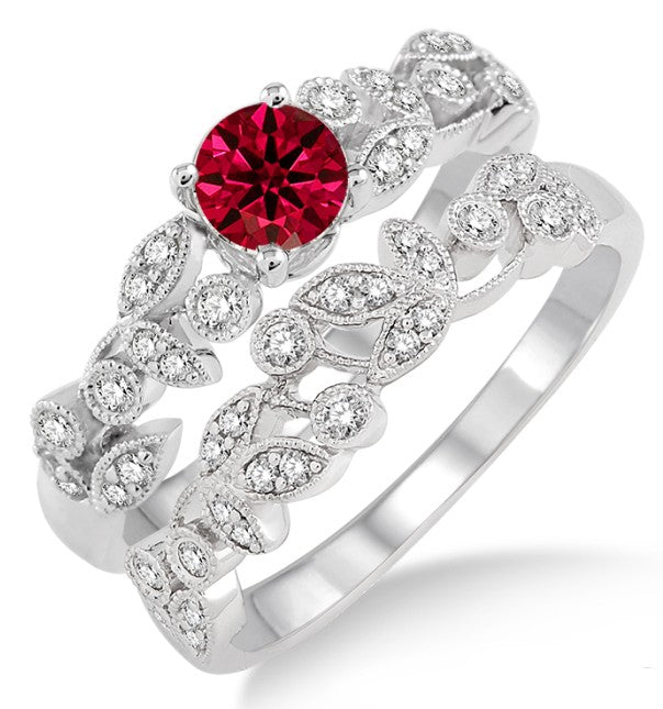 1.25 Carat Ruby Antique Flower Bridal Set on 10k White Gold