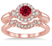 1.25 Carat Ruby Antique Three Stone Flower Halo Bridal Set on 10k Rose Gold