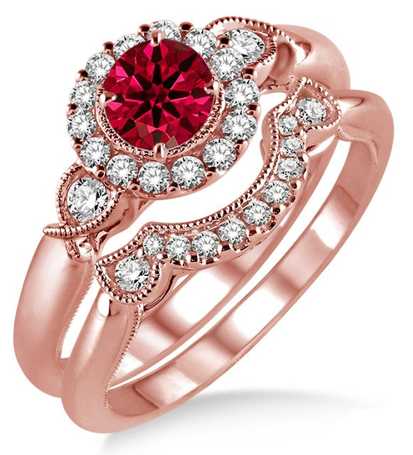 1.25 Carat Ruby Antique Three Stone Flower Halo Bridal Set on 10k Rose Gold