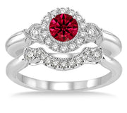 1.25 Carat Ruby Antique Three Stone Flower Halo Bridal Set on 10k White Gold