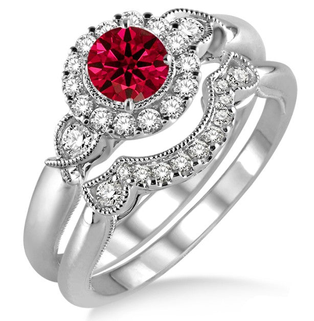 1.25 Carat Ruby Antique Three Stone Flower Halo Bridal Set on 10k White Gold