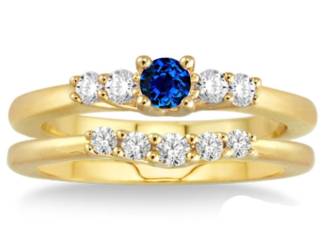 1.25 Carat Sapphire and Moissanite Diamond Affordable Bridal Set on 10k Yellow Gold