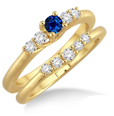 1.25 Carat Sapphire and Moissanite Diamond Affordable Bridal Set on 10k Yellow Gold